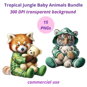 Peut inclure: Lot numérique avec deux bébés animaux : un panda roux et un bébé tigre, chacun portant un pyjama vert et tenant un ours en peluche. Le texte "Tropical Jungle Baby Animals Bundle" et "commercial use" est inclus.