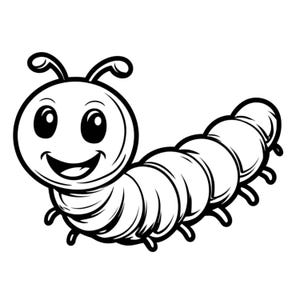 May include: A black and white cartoon illustration of a smiling caterpillar. The caterpillar has a round head with large eyes, antennae, and a smiling mouth. Its segmented body has small legs.