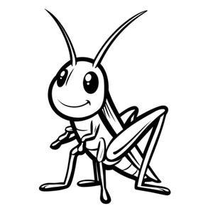 May include: A monochrome cartoon illustration of a grasshopper. The grasshopper features large eyes, long antennae, and a smiling expression. The insect is shown in profile, with its legs bent as if poised to leap.