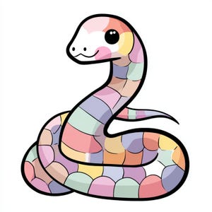 Peut inclure: Illustration d'un serpent de dessin animé coloré. Le serpent est représenté enroulé, avec une tête blanche et un corps segmenté en différentes couleurs pastel, dont le rose, le jaune, le violet et le vert. Le serpent a de grands yeux noirs et une expression souriante.