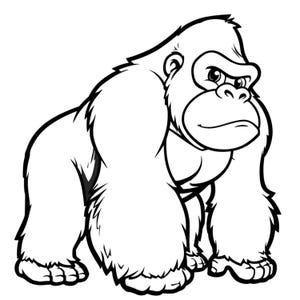 Puede incluir: Ilustración en blanco y negro de un gorila de pie. El gorila tiene una expresión seria, con una frente grande y una mandíbula prominente. La imagen es un dibujo de estilo caricatura.
