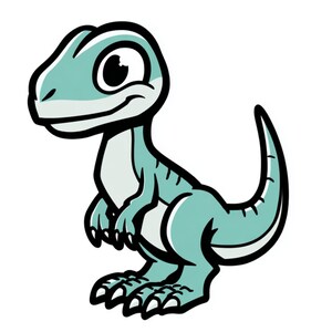 May include: A cartoon illustration of a light teal dinosaur with black outlines. The dinosaur has a large eye, a friendly smile, and is standing on two legs. The image is on a white background.