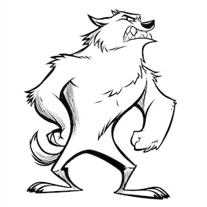 May include: A black and white illustration of a cartoon wolf with an angry expression. The wolf is standing with its arms at its sides, showing its teeth. The image has a bold, graphic style, with thick outlines and shading.