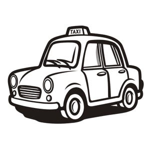 Puede incluir: Ilustración de dibujos animados en blanco y negro de un taxi. El coche tiene un letrero de "TAXI" en la parte superior, faros redondos y un diseño de coche clásico. La imagen es una representación gráfica simple de un taxi.