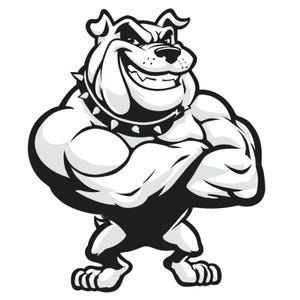 Puede incluir: Ilustración en blanco y negro de un bulldog musculoso con collar de púas. El bulldog sonríe con los brazos cruzados, mostrando fuerza y confianza. Diseño gráfico para ropa o merchandising.