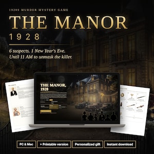 Peut inclure: Un jeu de meurtre et mystère des années 1920 intitulé The Manor 1928, comprenant un ordinateur portable affichant l'interface du jeu, des profils de suspects imprimés et des cartes de preuves. Le jeu inclut 6 suspects et un thème du Nouvel An.