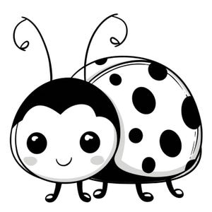 Pode incluir: Ilustração de desenho animado em preto e branco de uma joaninha. A joaninha tem uma cabeça e pernas pretas, um corpo branco com manchas pretas e duas antenas curvas. A joaninha está sorrindo.