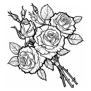 Può includere: Disegno a tratto nero e bianco di un bouquet di rose. Il bouquet presenta diverse rose aperte, boccioli e foglie, tutti con contorni dettagliati. Gli steli sono legati, con spine visibili.
