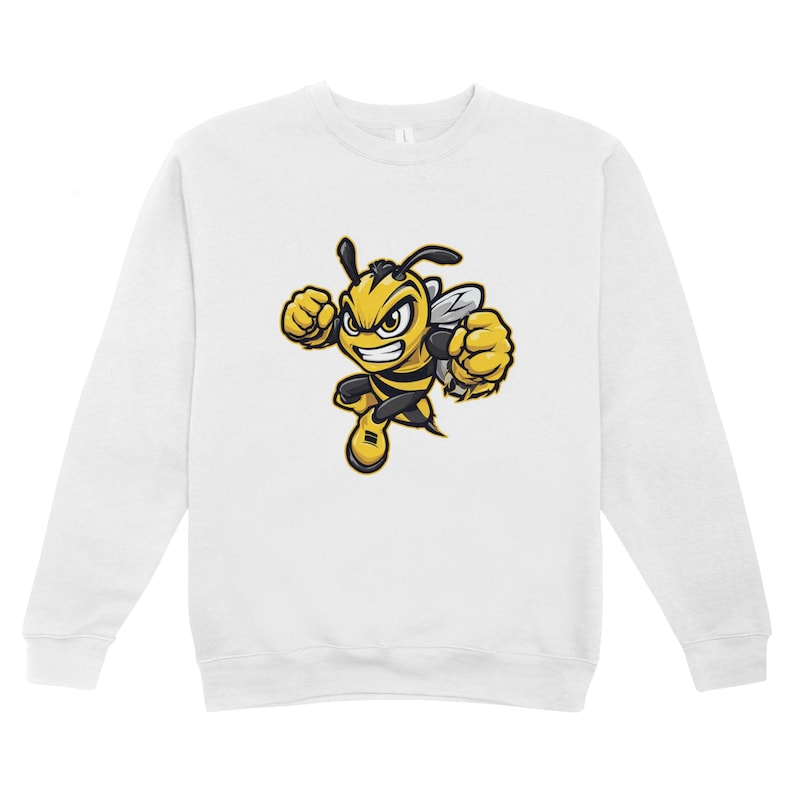 May include: White sweatshirt with a cartoon bee graphic. The bee is yellow and black, with a determined expression and clenched fists. The sweatshirt is a casual, long-sleeved garment, suitable for everyday wear. The bee is in a dynamic pose.