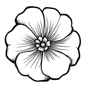 Puede incluir: Ilustración en blanco y negro de una flor. La flor tiene pétalos grandes y redondeados con líneas detalladas que irradian desde el centro. El centro de la flor tiene un diseño pequeño y detallado.