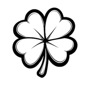 Könnte beinhalten: Schwarz-weiße Illustration eines vierblättrigen Kleeblatts. Das Kleeblatt hat einen dicken schwarzen Umriss und ein detailliertes Design, wobei jedes Blatt herzförmig ist. Der Hintergrund ist schlicht weiß.