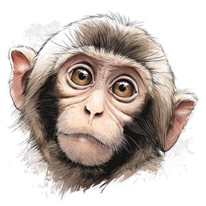 May include: A detailed illustration of a monkey's face. The monkey has brown fur, large brown eyes, and a thoughtful expression. The artwork has a watercolour effect, with soft shading and a white background.