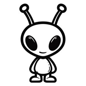 Peut inclure: Illustration de dessin animé en noir et blanc d'un extraterrestre. L'extraterrestre a une grosse tête ovale avec de grands yeux noirs, un petit sourire et deux antennes avec des pointes rondes. Le corps de l'extraterrestre est petit et de forme ovale, avec deux petits pieds.