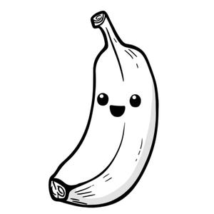 Puede incluir: Ilustración de dibujos animados en blanco y negro de un plátano sonriente. El plátano tiene una forma curva con un tallo en la parte superior y una parte inferior redondeada. El plátano tiene una cara feliz con ojos grandes y una boca sonriente.