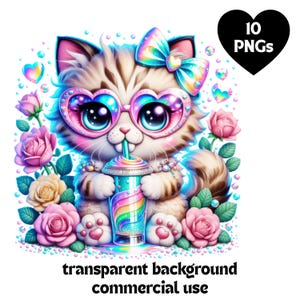 Peut inclure: Illustration numérique d'un chat mignon portant des lunettes en forme de cœur et un nœud, tenant une boisson arc-en-ciel. Le chat est entouré de roses roses et jaunes, avec le texte "transparent background commercial use". Un cœur noir avec "10 PNGs" est en haut à droite.