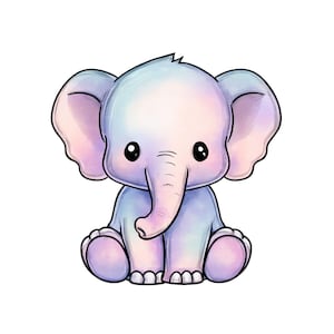 Peut inclure: Illustration de dessin animé d'un bébé éléphant aux couleurs pastel. L'éléphant est assis, les jambes croisées, avec de grands yeux noirs, une trompe et de grandes oreilles. La palette de couleurs comprend des nuances de bleu, de rose et de violet.