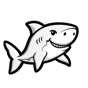 Puede incluir: Ilustración de un tiburón de estilo caricatura. El tiburón es blanco con contornos negros, con una boca sonriente, ojos pequeños y aletas. La imagen está sobre un fondo blanco liso, lo que le da una apariencia limpia y sencilla.