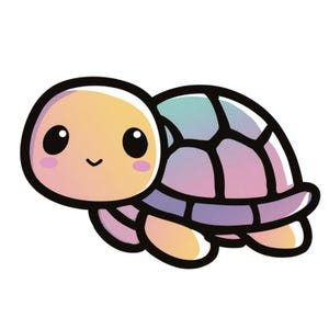 Può includere: Illustrazione di una tartaruga dei cartoni animati con una tavolozza di colori pastello. La tartaruga ha una testa color pesca con guance rosee, grandi occhi neri e una bocca sorridente. Il suo guscio è un mosaico di blu, viola e rosa. Le pinne della tartaruga sono gialle.