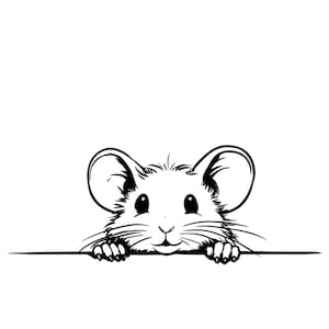 Pode incluir: Ilustração a preto e branco de um rato espreitando por cima de uma linha horizontal. O rato tem orelhas grandes, um nariz pequeno e bigodes. As suas patas são visíveis, agarrando a linha.