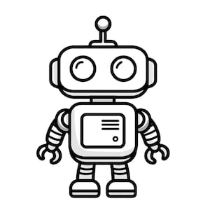 Peut inclure: Illustration en noir et blanc d'un robot. Le robot a une tête carrée avec deux grands yeux circulaires et une petite antenne. Son corps est rectangulaire avec un petit écran. Il a des bras et des jambes articulés, avec des mains et des pieds en forme de griffes.