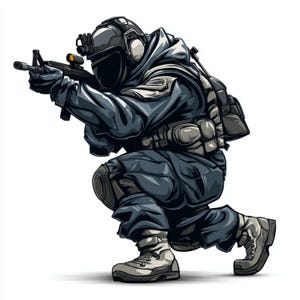 Peut inclure: Illustration d'un soldat en équipement tactique, agenouillé et visant un fusil. Le soldat porte un uniforme bleu foncé, un casque et un gilet tactique. Le fusil a une mire orange. Le fond est blanc.
