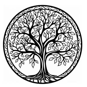 Peut inclure: Illustration en noir et blanc d'un arbre dans un cercle. L'arbre présente des détails complexes dans son tronc, ses branches et ses feuilles. La bordure circulaire a un motif décoratif. Idéal pour l'art mural, la décoration intérieure ou les thèmes spirituels.
