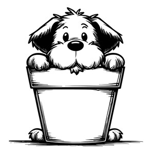 Peut inclure: Illustration en noir et blanc d'un chien de dessin animé regardant par-dessus le bord d'un pot carré. Le chien a de grands yeux, des oreilles tombantes et des pattes posées sur le bord du pot. Le pot est vide.