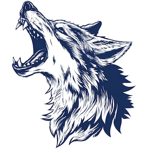 May include: A detailed illustration of a wolf's head in profile, rendered in shades of navy blue and white. The wolf is depicted with its mouth wide open, baring sharp teeth, and its fur is meticulously detailed, creating a dynamic and striking image.