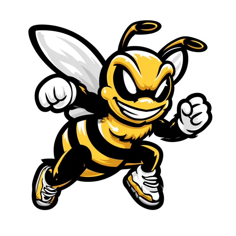 May include: A cartoon illustration of a yellow and black bee with a determined expression. The bee is running forward, wearing trainers, and has white wings. The image has a white background and is a graphic design.