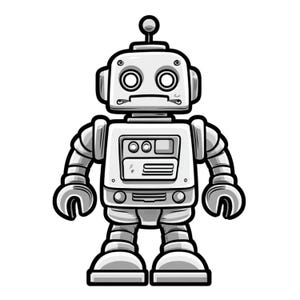 Peut inclure: Illustration en niveaux de gris d'un robot rétro. Il a une tête ronde avec des yeux circulaires, un corps rectangulaire et des membres articulés. Le robot a une antenne et est souligné en noir, avec un design simple et classique.