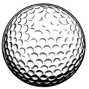 Könnte beinhalten: Schwarz-Weiß-Illustration eines Golfballs. Der Ball hat eine strukturierte Oberfläche, und das Bild ist eine detaillierte Strichzeichnung. Geeignet für Sportartikel.
