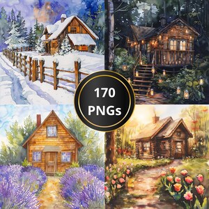 Peut inclure: Illustrations à l'aquarelle de chalets dans divers environnements. Une scène montre un chalet enneigé avec une clôture en bois. Une autre représente un chalet la nuit avec des guirlandes lumineuses. L'image comprend le texte "170 PNGs".