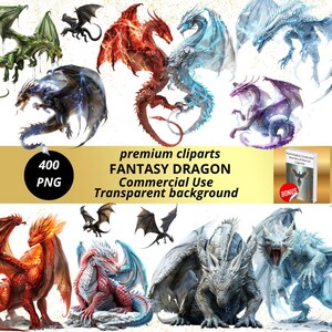 Peut inclure: Collection de cliparts de dragons fantastiques aux couleurs variées, dont le rouge, le bleu, le vert et le violet. Le texte "premium cliparts FANTASY DRAGON Commercial Use Transparent background" est inclus.