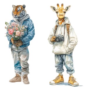 May include: A watercolour illustration featuring a tiger and a giraffe depicted as anthropomorphic figures. The tiger wears a denim jacket and holds flowers. The giraffe wears a white hoodie and carries a camera. Both wear trainers and casual trousers.