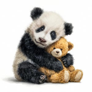 May include: A watercolor illustration of a panda bear hugging a teddy bear. The panda has black and white fur with a sweet expression. The teddy bear is brown and has a friendly face. The image is set against a white background.