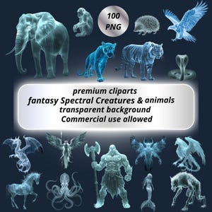 Peut inclure: Une collection de cliparts de créatures et d'animaux spectraux dans des tons de bleu et de blanc. L'image comprend un éléphant, un tigre, un aigle et d'autres créatures fantastiques. Le texte sur l'image indique "premium cliparts fantasy Spectral Creatures & animals transparent background Commercial use allowed."