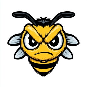 May include: A cartoon illustration of an angry bee. The bee has a yellow body with black stripes and antennae. It has a stern expression with furrowed brows and large, white-rimmed eyes. The wings are light grey.