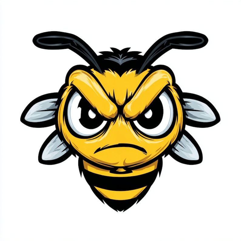 May include: A cartoon illustration of an angry bee. The bee has a yellow body with black stripes and antennae. It has a stern expression with furrowed brows and large, white-rimmed eyes. The wings are light grey.