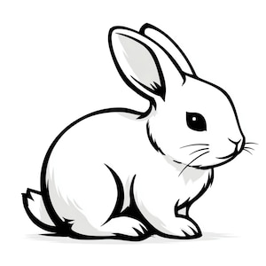 Puede incluir: Ilustración de un conejo blanco con contornos negros. El conejo está sentado, mirando hacia la derecha, con las orejas levantadas. Los ojos son negros y los bigotes son visibles. La imagen es un diseño simple y limpio.