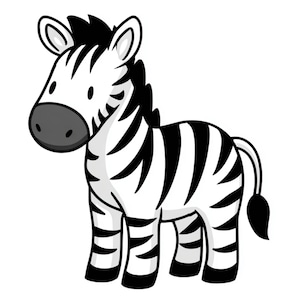 May include: A cartoon zebra illustration. The zebra has a white body with black stripes, a black mane, and a black tail. The zebra's snout is gray, and it has large, black eyes. The zebra is standing on all fours.