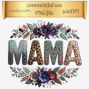 MAMA Decorative Floral PNG – Ornate Typography with Flowers, Patterns and Beaded Details for Sublimation, Stickers and Apparel 4500x4500px