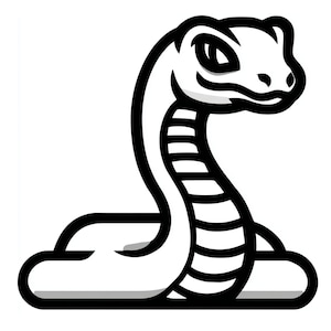 Peut inclure: Illustration en noir et blanc d'un serpent enroulé. La tête du serpent est levée, avec un œil détaillé et une bouche incurvée et souriante. Le dessin présente des contours épais et audacieux.