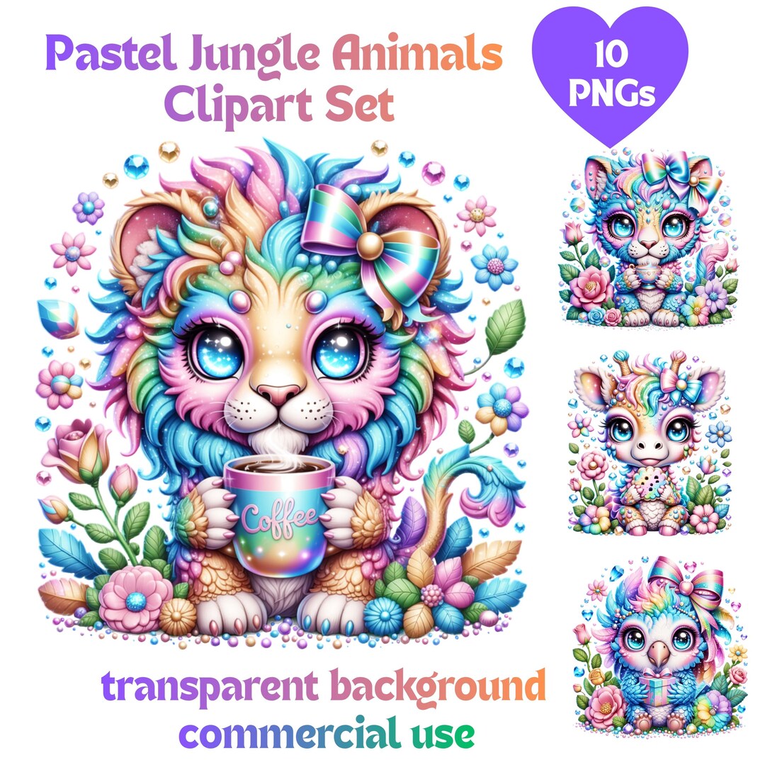 Pastel Jungle Animals Clipart Bundle PNG | 10 Kawaii Cute Safari Animal ...