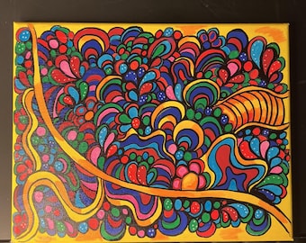 Peinture abstraite originale et colorée, style doodle, sur toile 9x12 | Art pop moderne | Œuvre acrylique unique