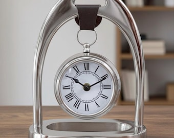 Horse Lover Desk Clock, Horseshoe Mantel Clock, Silver Roman Numeral Clock, Rustic Equestrian Decor, Handmade Table Clock