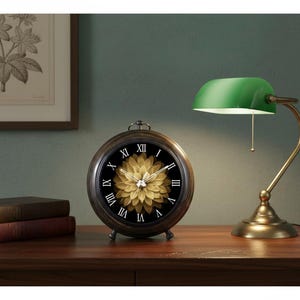 Vintage Bronze Mantle Clock with Golden Dahlia Face