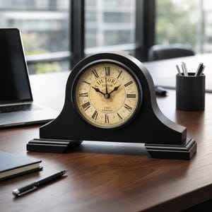 May include: A black mantel clock with a cream-colored face featuring Roman numerals and the words "VICTOR STATION 1787 LONDON." The clock is set on a wooden desk, with a laptop and pen holder in the background.