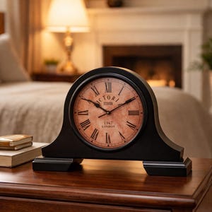 Peut inclure: Horloge de cheminée noire avec un cadran rond affichant des chiffres romains et le texte "STOVES 1747 LONDON". L'horloge a un dessus incurvé et repose sur une surface en bois. Le cadran de l'horloge a un fond pêche.