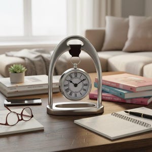 Peut inclure: Une montre de poche argentée suspendue dans un cadre décoratif en métal. Le cadran de la montre est blanc avec des chiffres romains et des aiguilles noirs. Le cadre repose sur une table en bois, avec des livres, des lunettes et un bloc-notes à proximité.