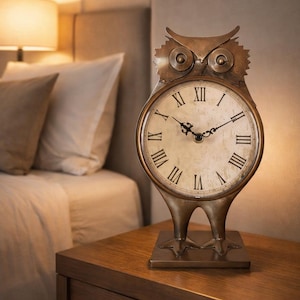 Steampunk Owl Clock – Antiqued Bronze Metal Tabletop Accessory, Roman Numerals